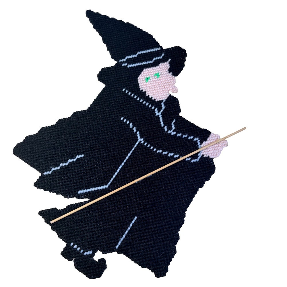 VTG Handmade Yarn Needlepoint Witch Ghost Scarecrow Tombstone Wall Hanging Decor - Picture 7 of 12